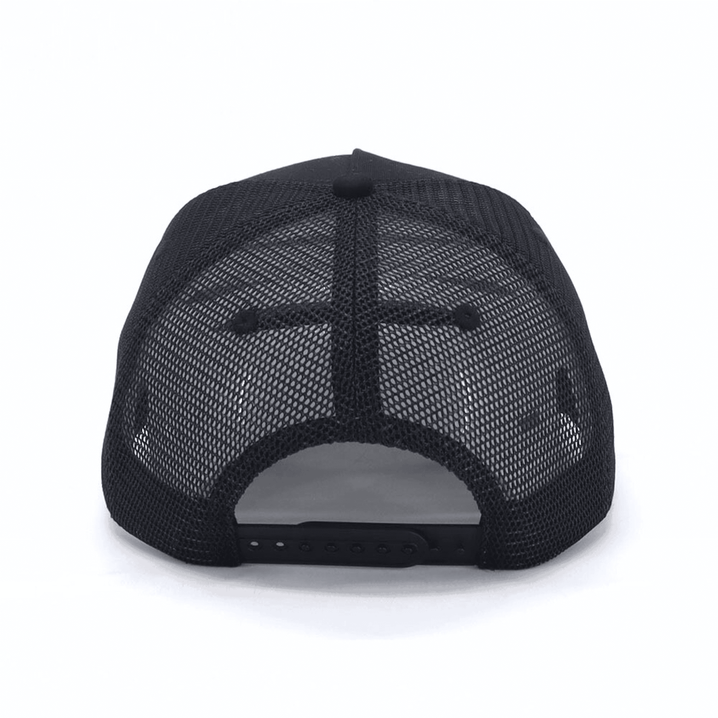 Black mesh trucker hat adjustable snapback back view