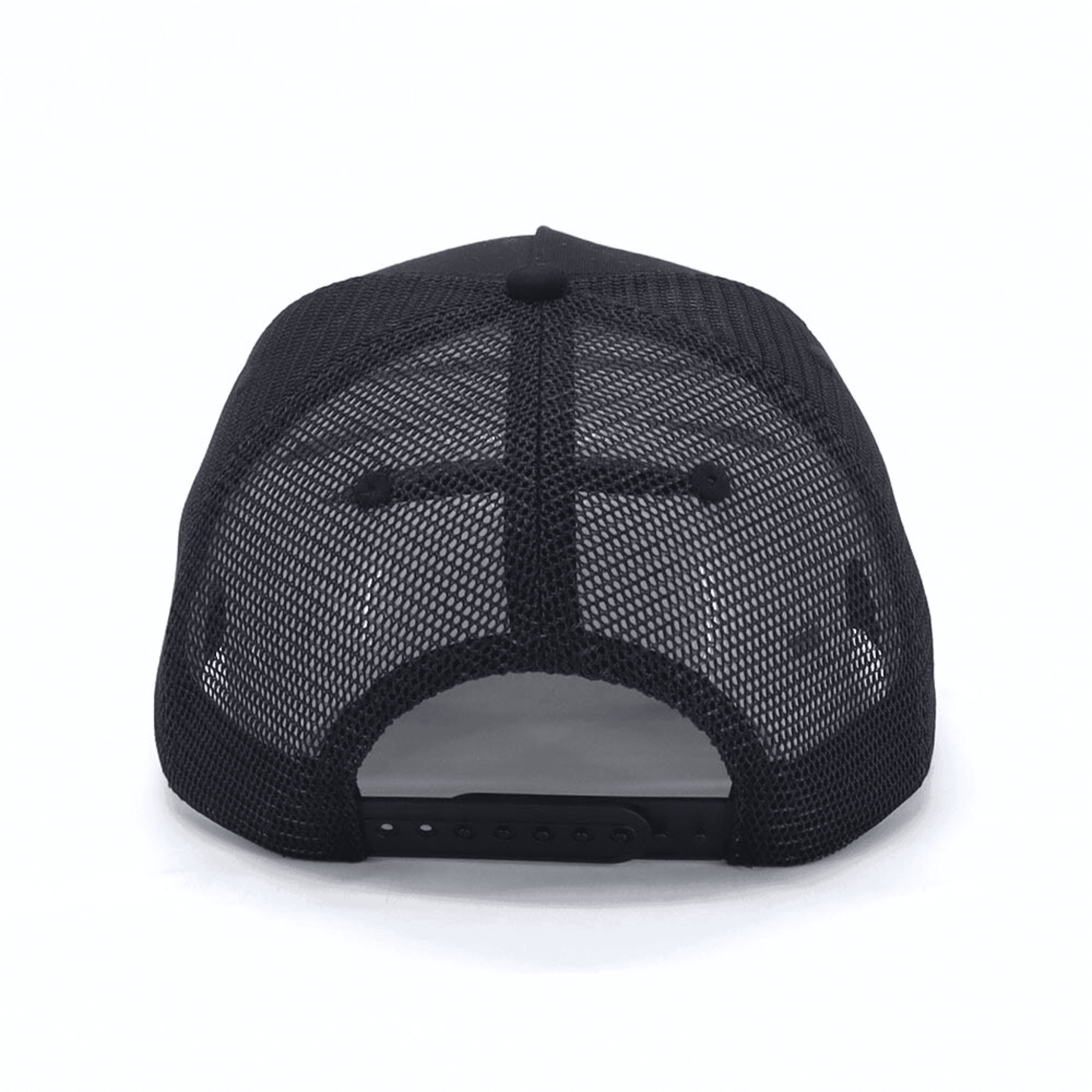 Black mesh trucker hat adjustable snapback back view