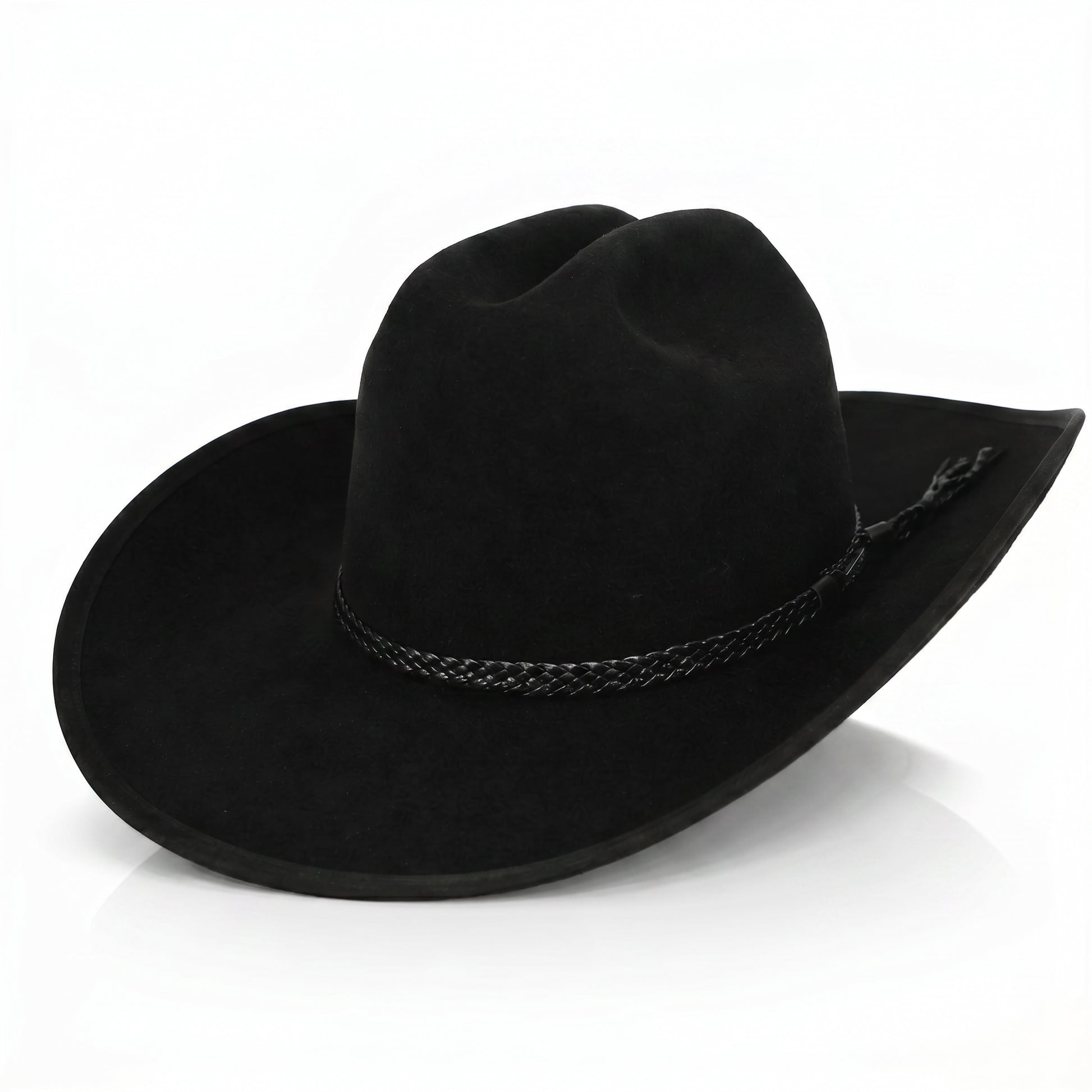 Black cowboy hat with wide brim and structured crown in classic western style