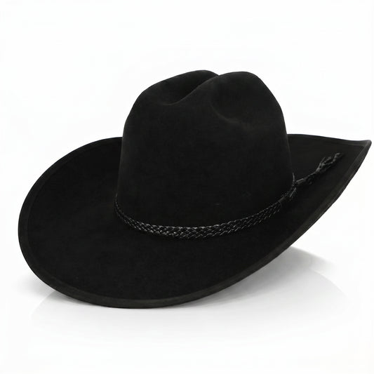 Black cowboy hat with wide brim and structured crown in classic western style