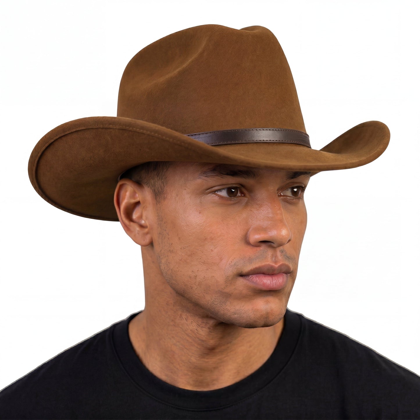 Man wearing a brown cowboy hat on a white background