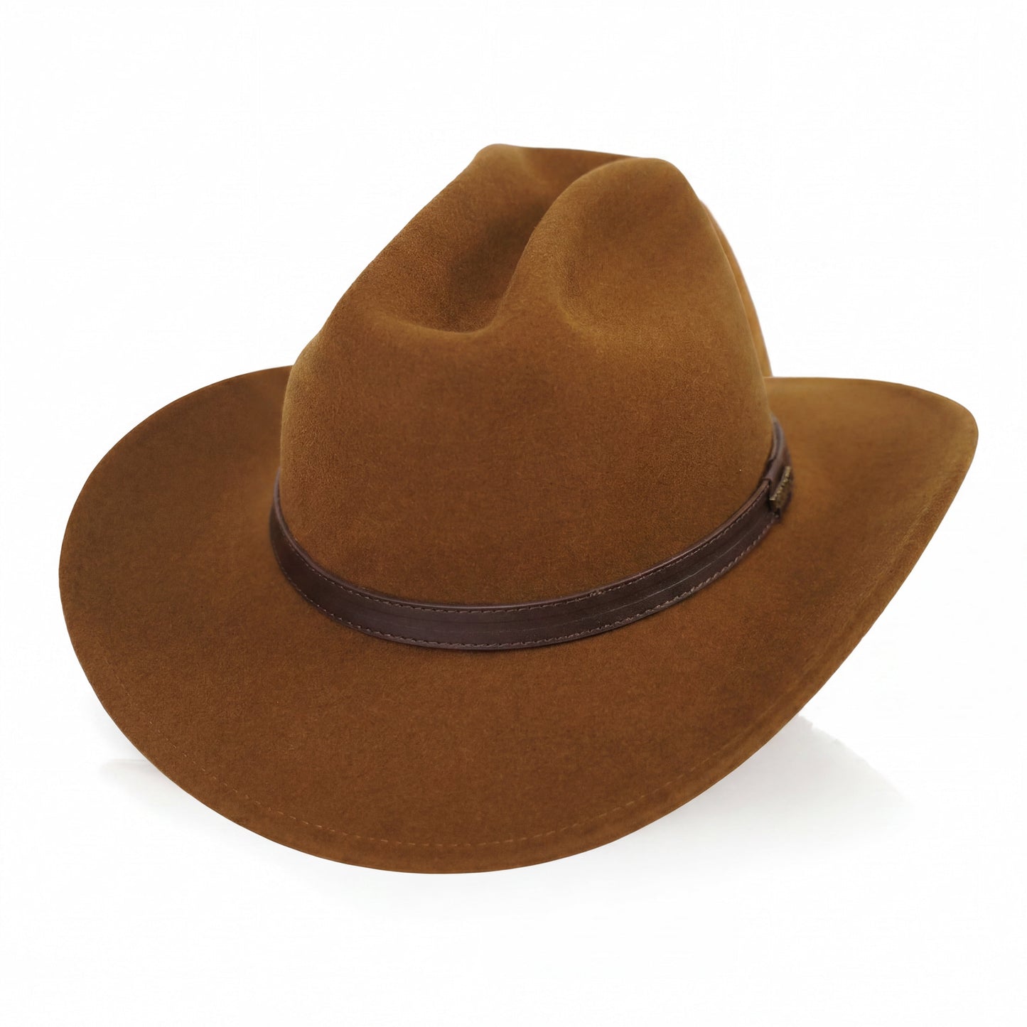 Brown Australian cowboy hat in wool felt with wide brim and structured crown on white background.