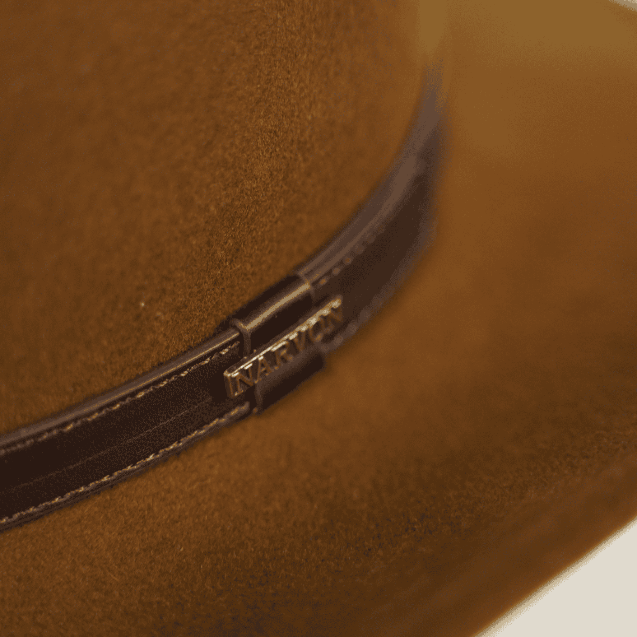 Narvon brown cowboy hat Australia showing premium leather band and logo detail