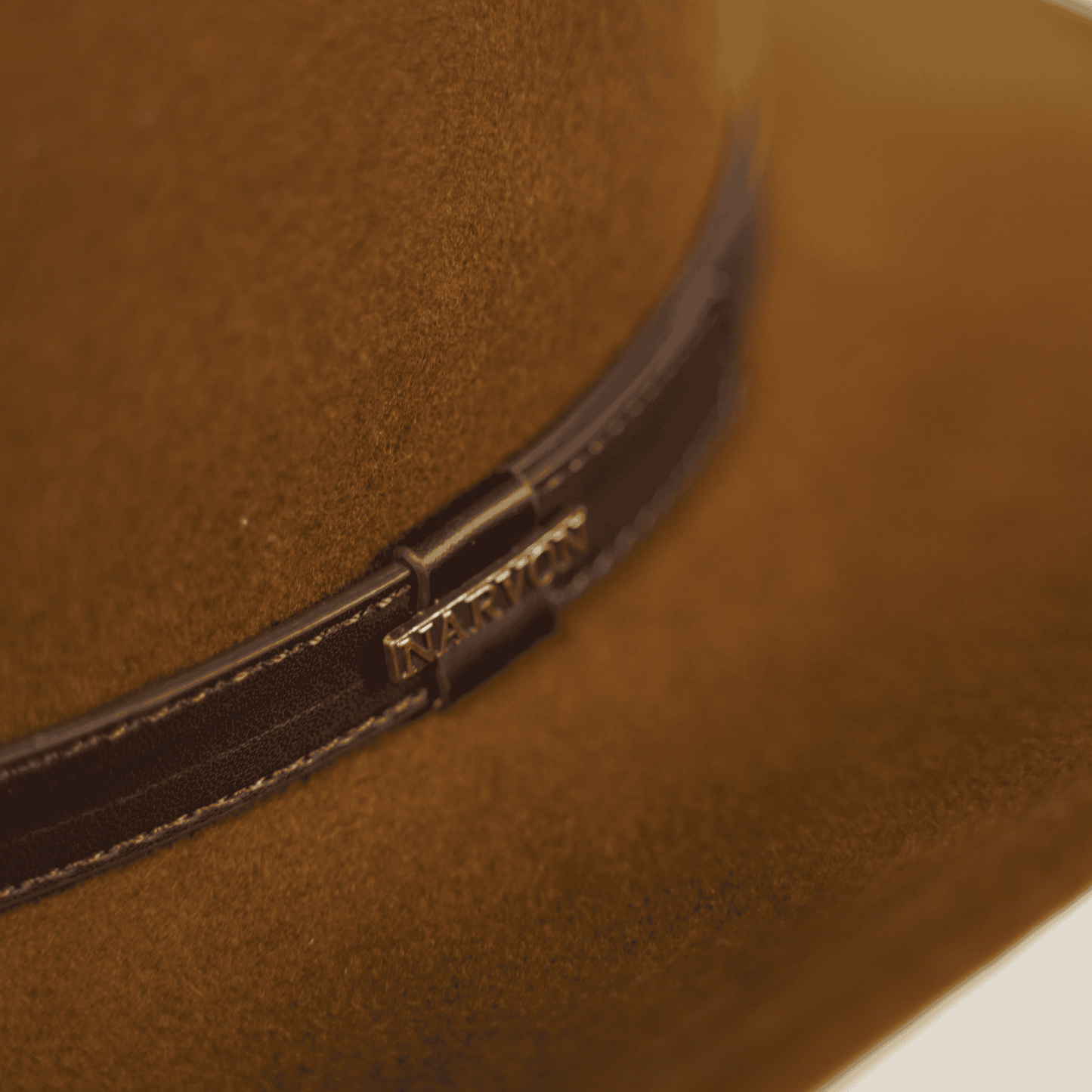 Narvon brown cowboy hat Australia showing premium leather band and logo detail