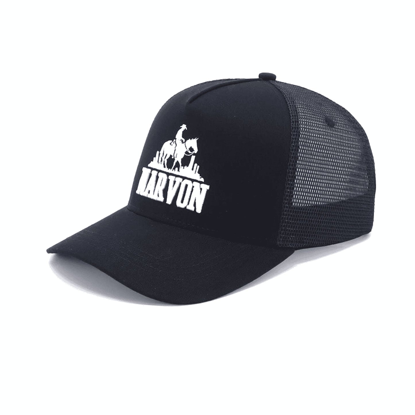 Black mens trucker cap with mesh back and snapback closure front logo detail