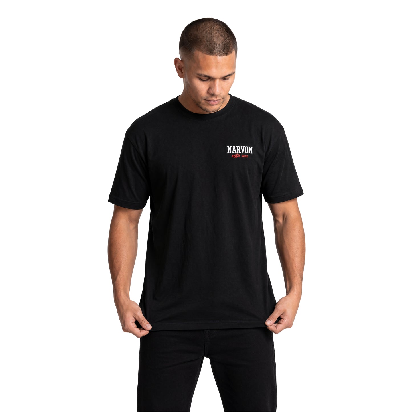 Close view of men’s black cotton t-shirt showing relaxed fit and premium everyday design