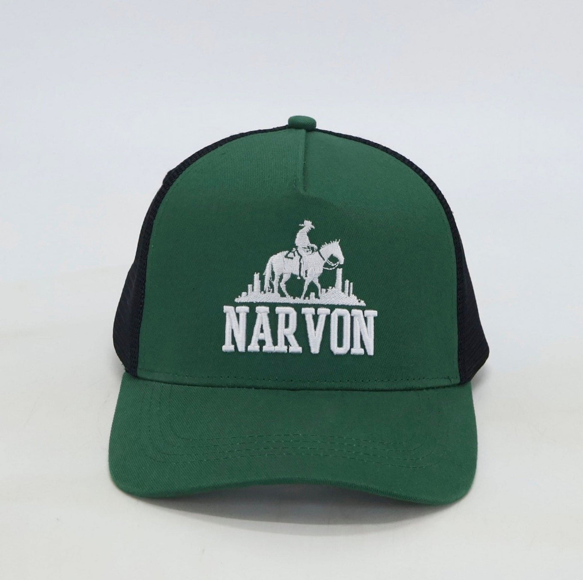 Front view of men’s green trucker cap with embroidered rider logo and curved brim