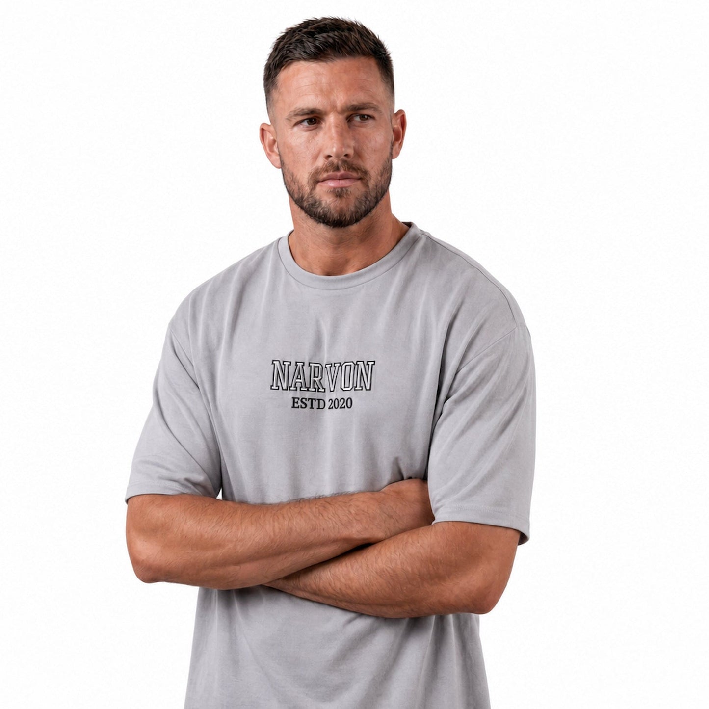 Mens grey cotton t shirt with relaxed fit styled in a clean casual look