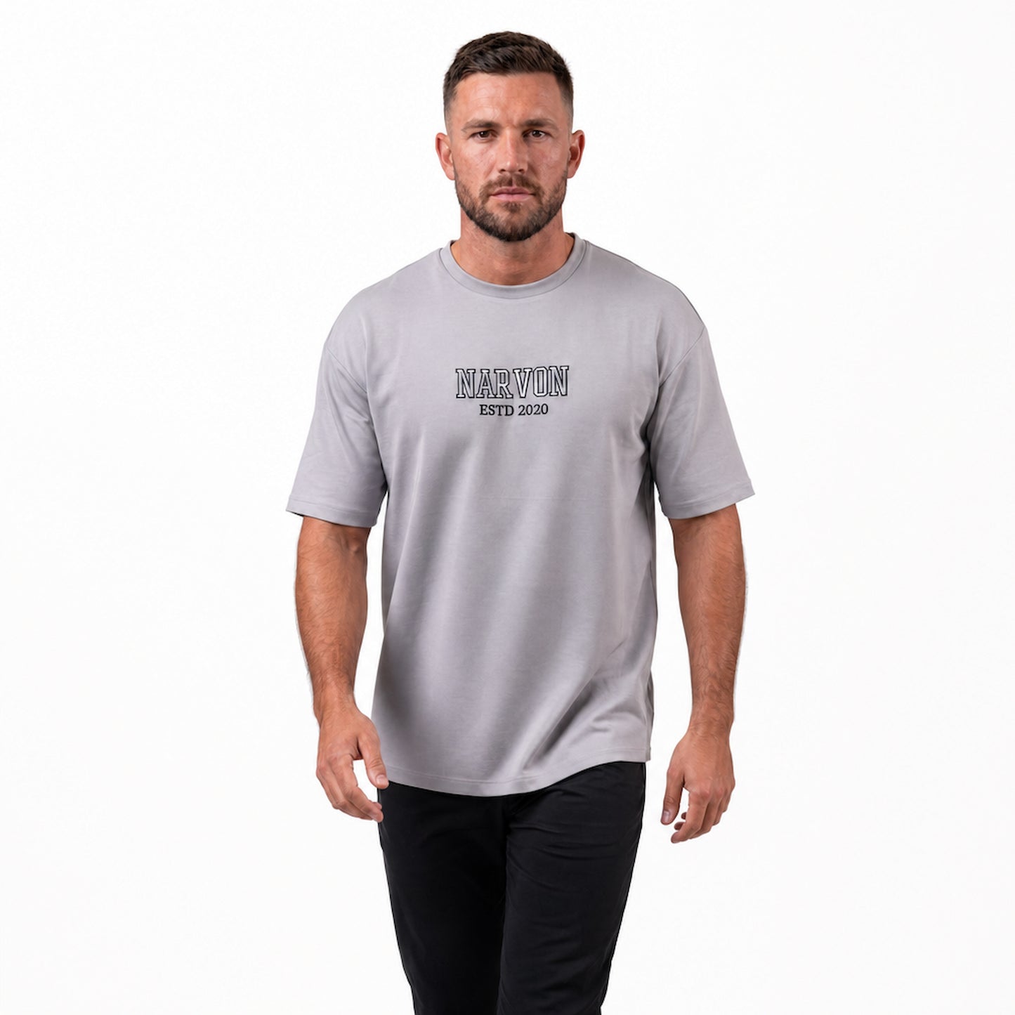 Mens grey t shirt styled in a casual everyday outfit with relaxed fit and clean look