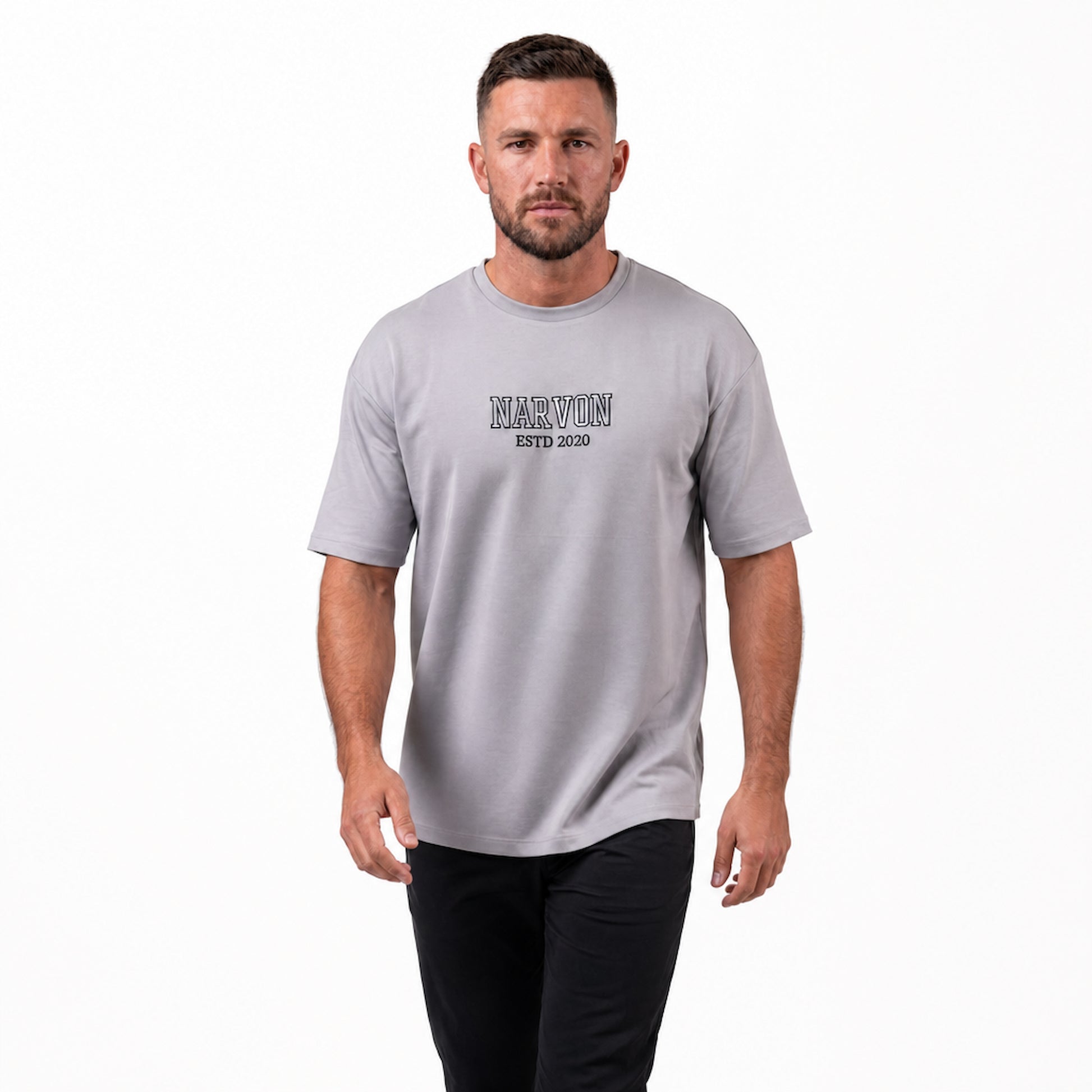 Mens grey t shirt styled in a casual everyday outfit with relaxed fit and clean look