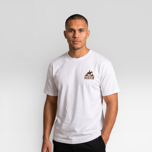 Men wearing a white casual cotton t-shirt styled for everyday use with relaxed fit