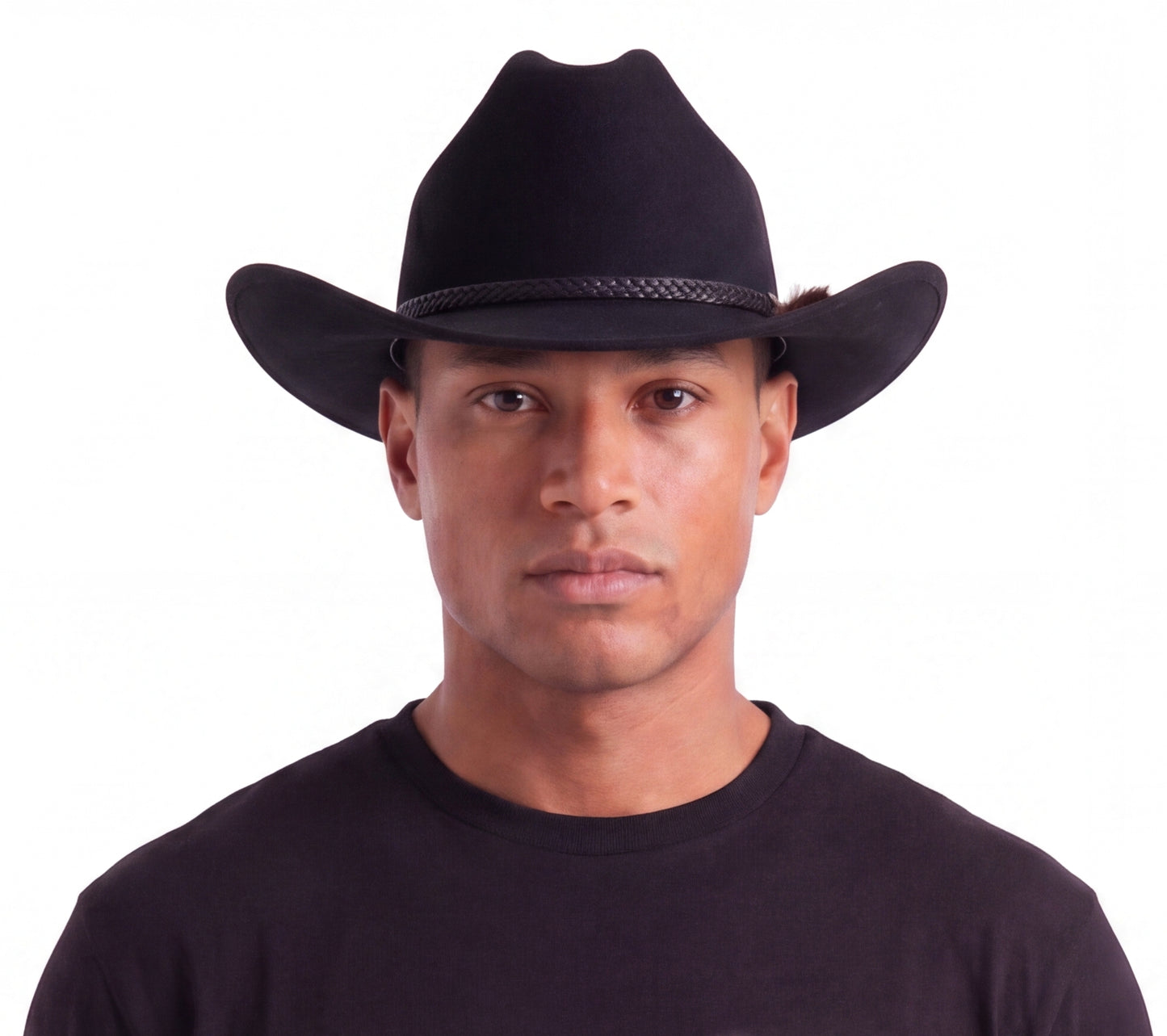 Mens black cowboy hat with wide brim worn in a classic western style front view
