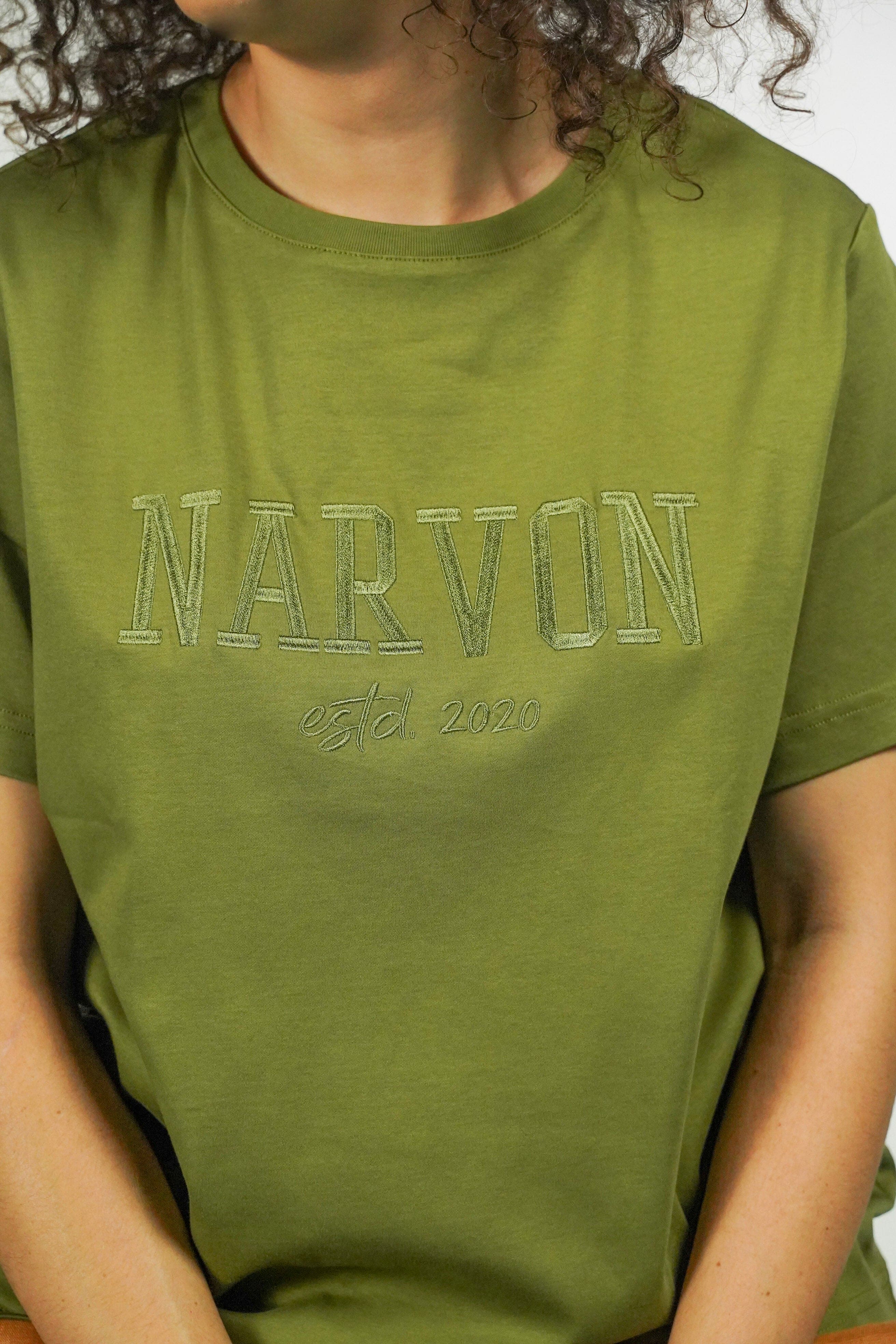 Narvon women's olive green premium cotton tee with mercerized fabric with embroidered Narvon logo