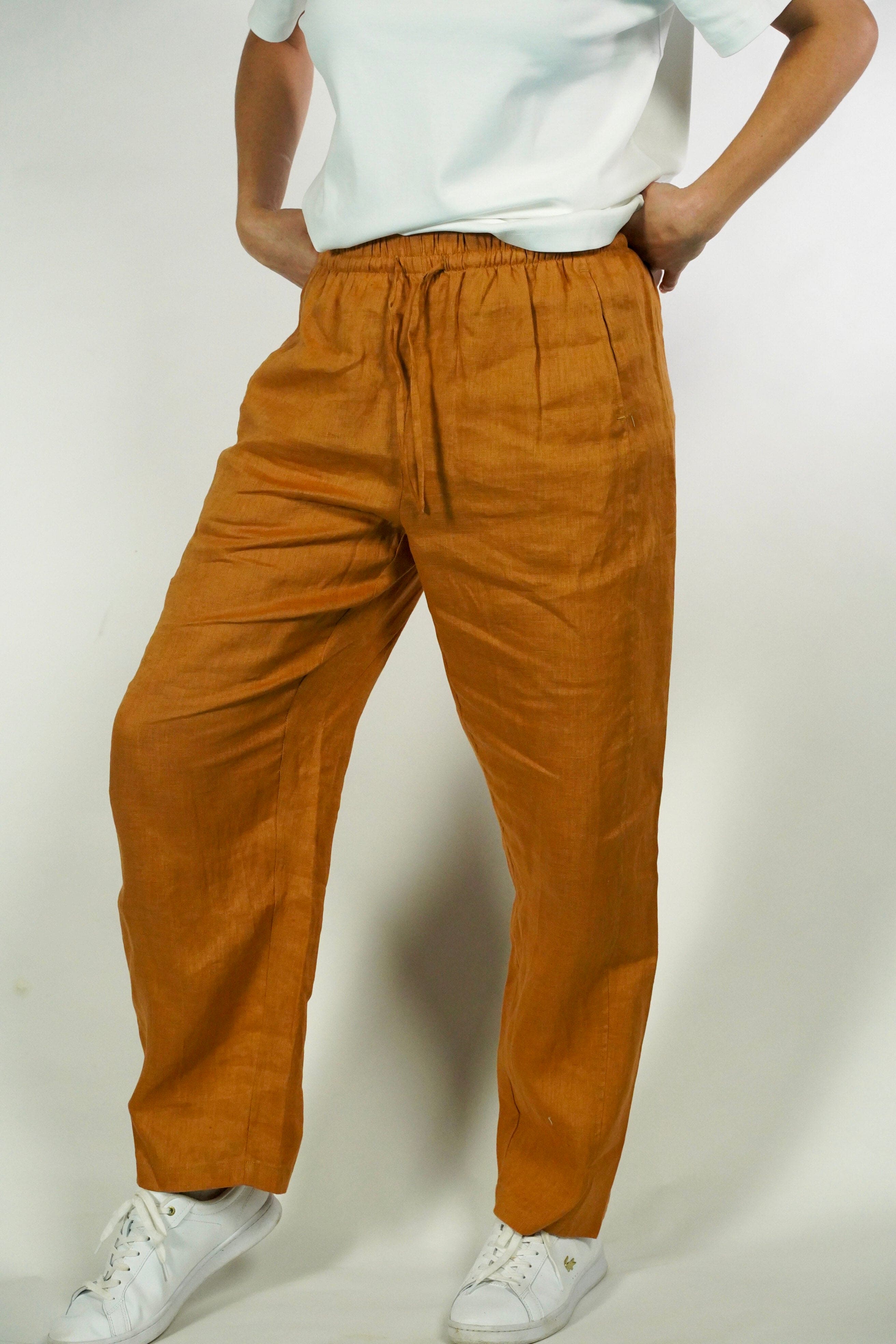 Narvon brown linen relaxed pants, premium feel lightweight pants with stretch waist - angled view