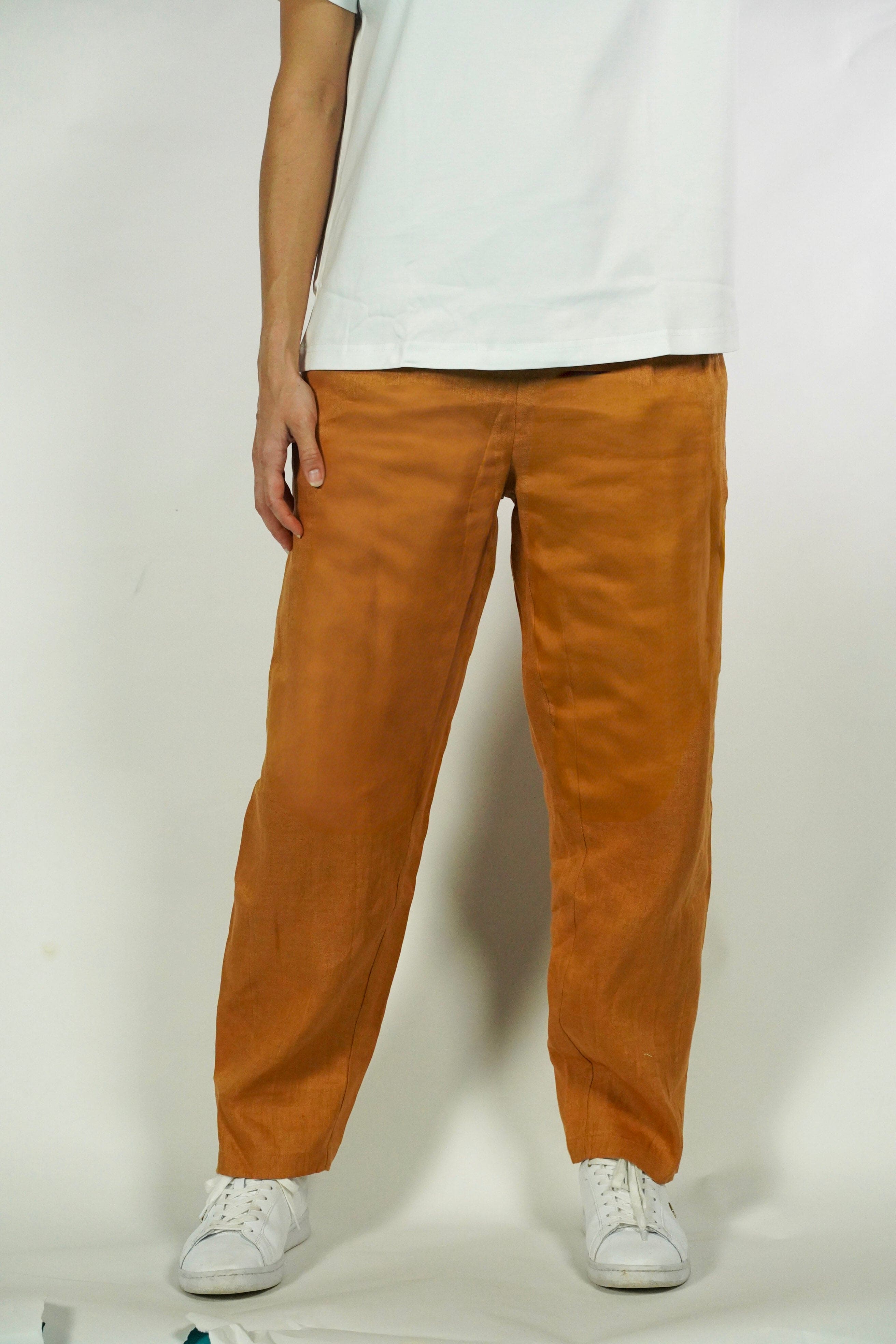 Narvon 100% linen relaxed pants in brown front view with stretch waist and premium lightweight feel
