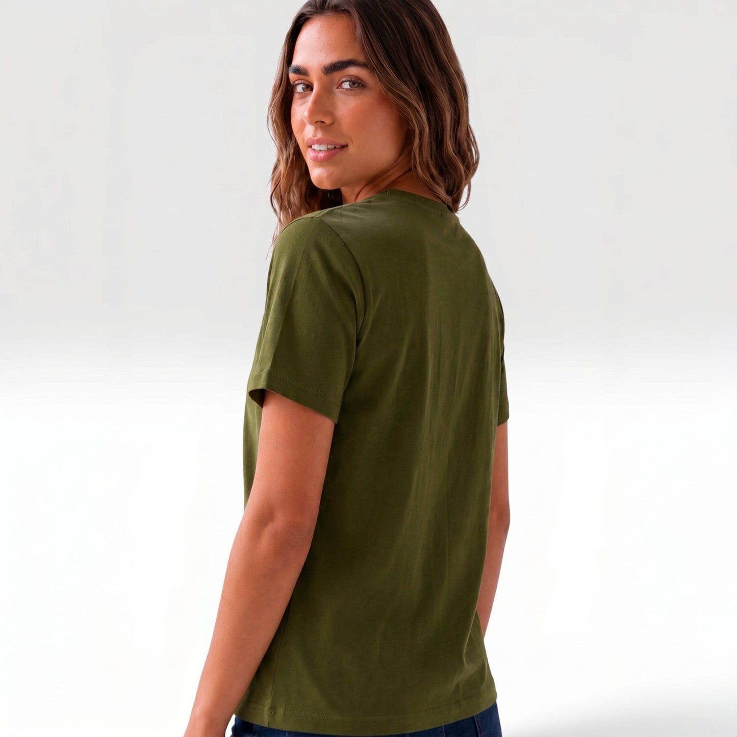 Back view of women’s olive green cotton t-shirt with relaxed fit and soft fabric