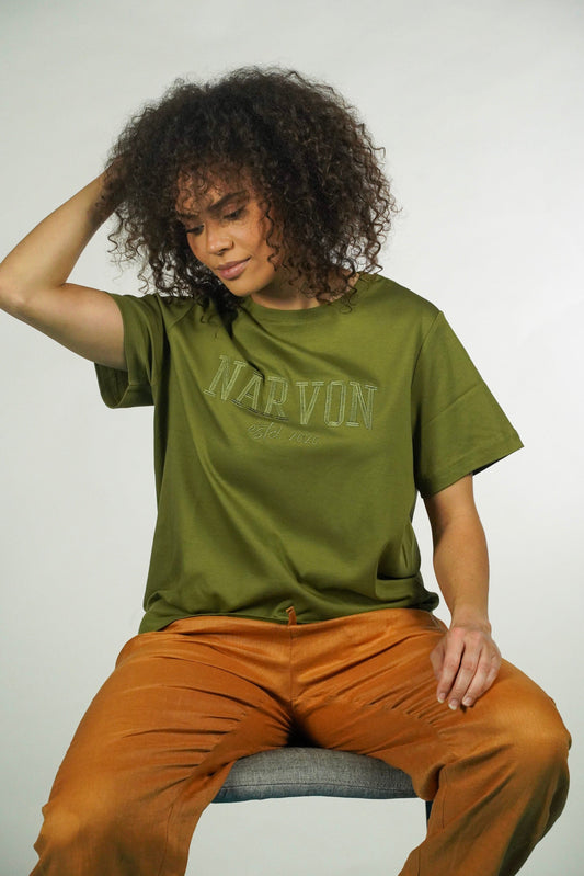 Narvon women's olive green premium cotton tee, relaxed female cut in mercerized fabric.