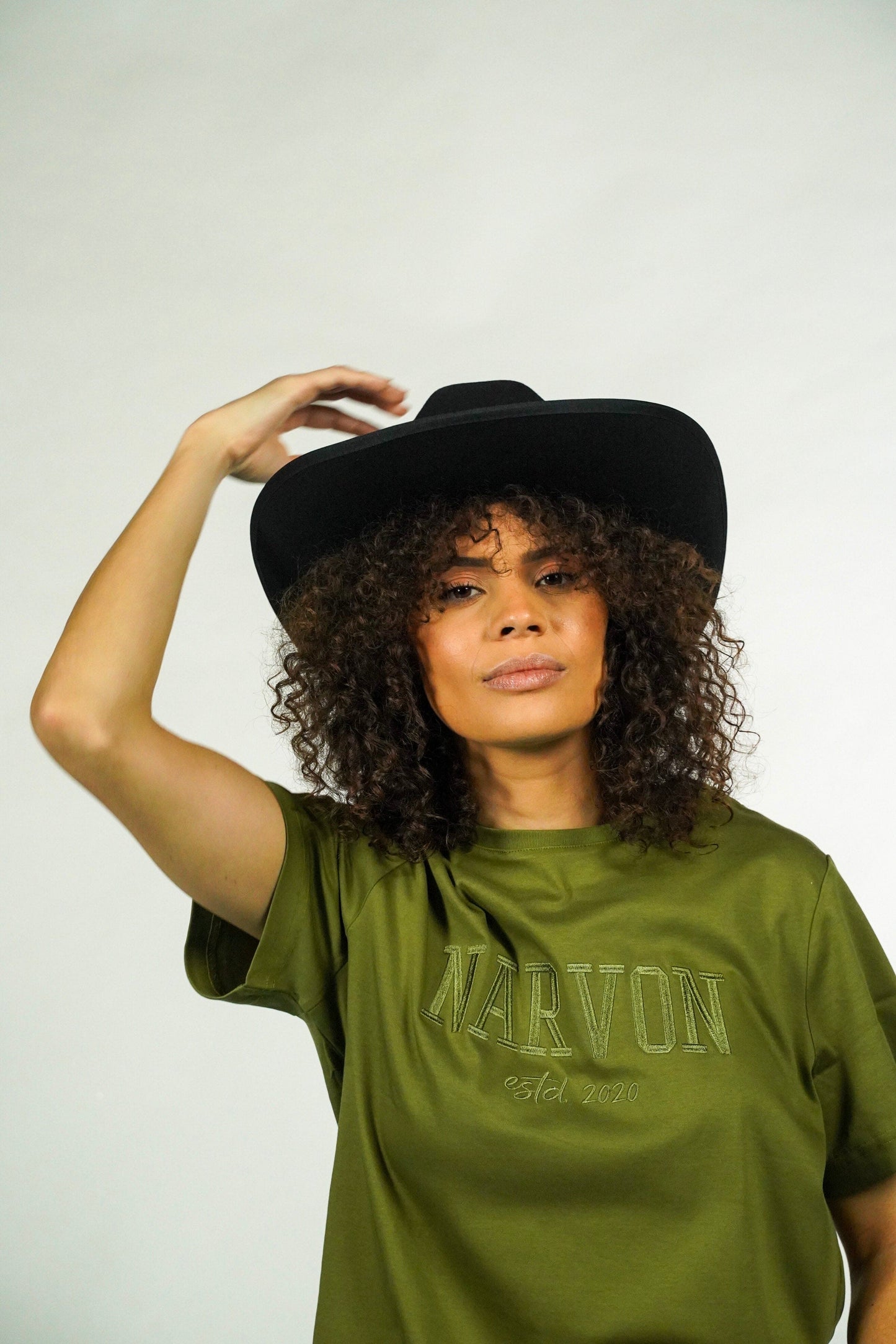 Narvon women's olive green premium cotton tee, relaxed fit mercerized tee styled with cowboy hat